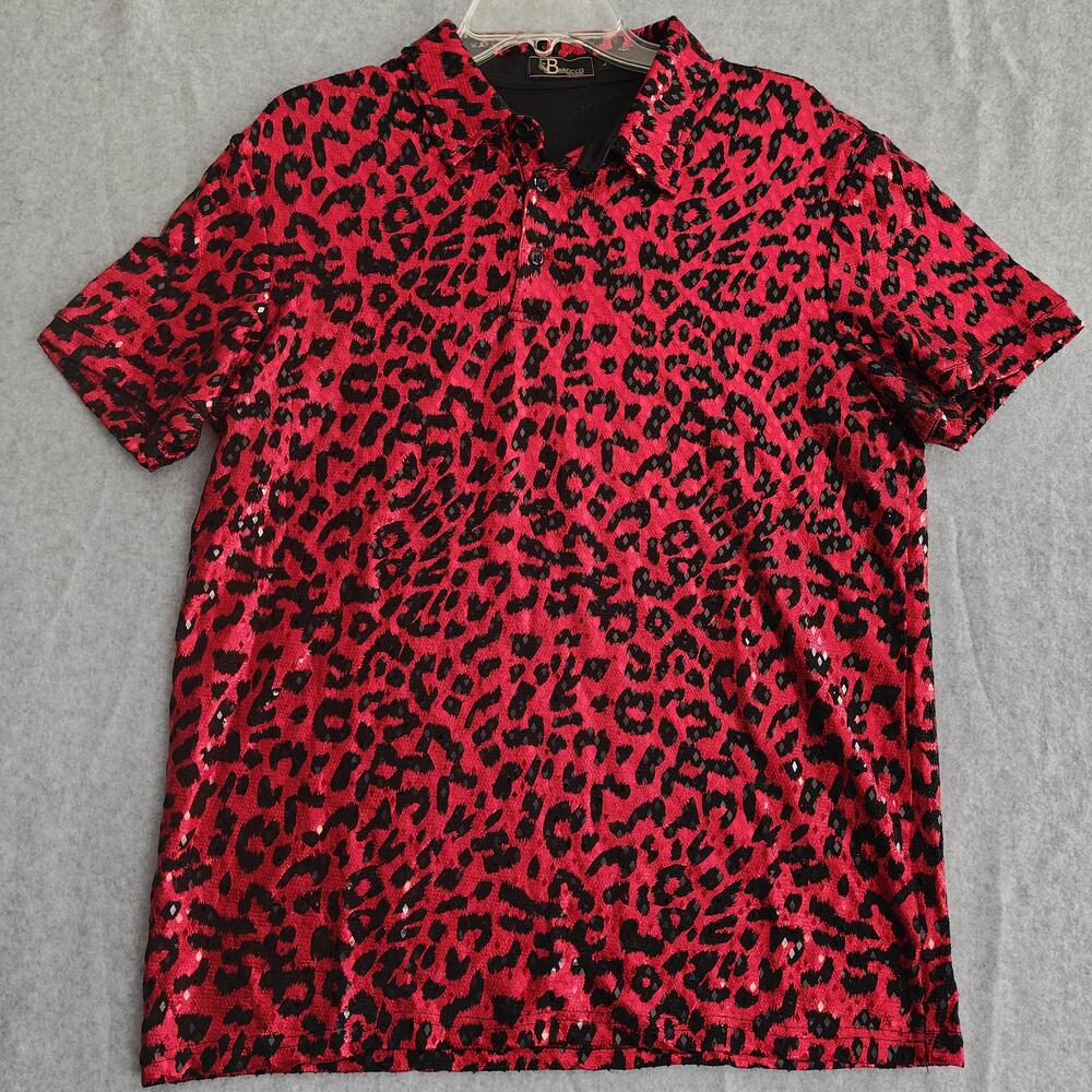 Barocco Los Angeles Polo Shirt Mens L Red Leopard Sequin Knit Party Animal Print